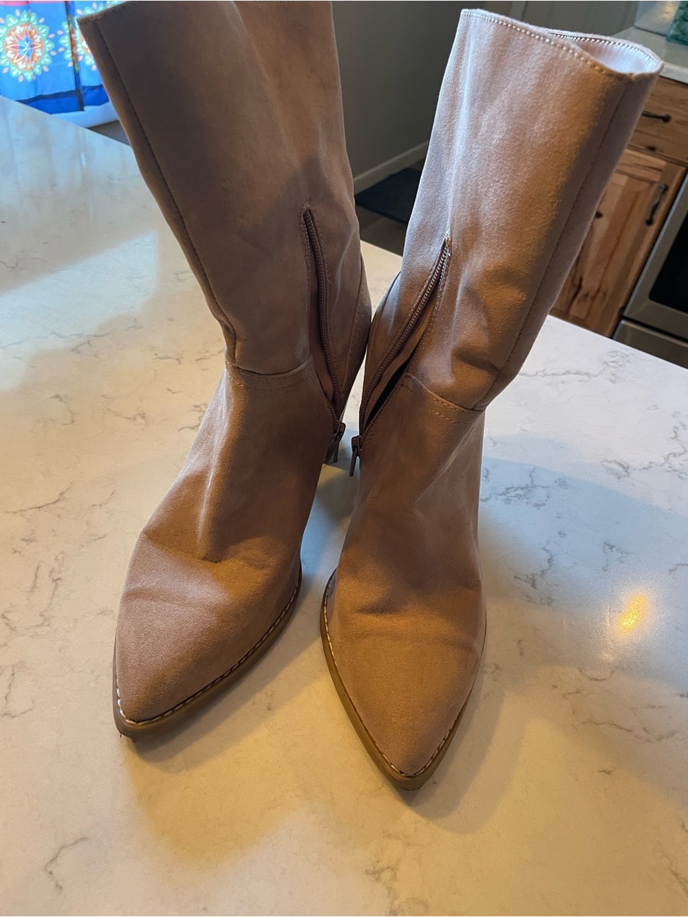 Women’s Pointed-Toe Mid-Calf Boots in Taupe